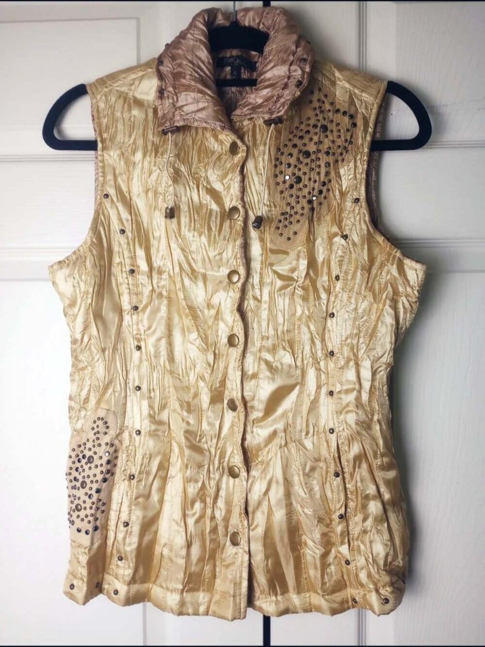 Christine Phillipe Gold Crinkle Satin Studded Packable Vest & Travel Pouch S